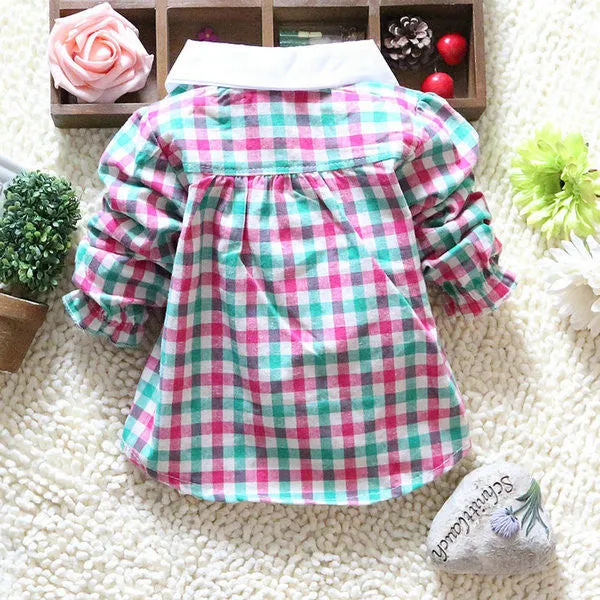 0-4Y Toddler Baby Girls Plaid Shirt Blouses Lace Lapel Bow Long Sleeve Kids Tee Shirts Tops NW