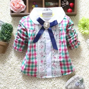 0-4Y Toddler Baby Girls Plaid Shirt Blouses Lace Lapel Bow Long Sleeve Kids Tee Shirts Tops NW