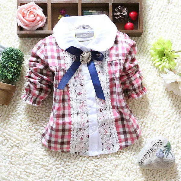 0-4Y Toddler Baby Girls Plaid Shirt Blouses Lace Lapel Bow Long Sleeve Kids Tee Shirts Tops NW
