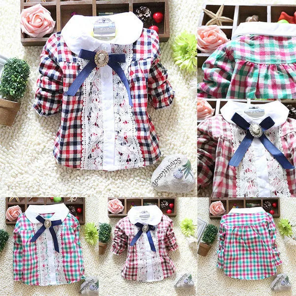 0-4Y Toddler Baby Girls Plaid Shirt Blouses Lace Lapel Bow Long Sleeve Kids Tee Shirts Tops NW