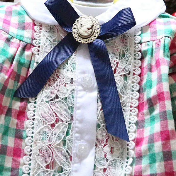 0-4Y Toddler Baby Girls Plaid Shirt Blouses Lace Lapel Bow Long Sleeve Kids Tee Shirts Tops NW