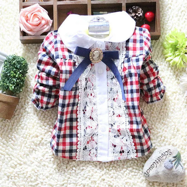 0-4Y Toddler Baby Girls Plaid Shirt Blouses Lace Lapel Bow Long Sleeve Kids Tee Shirts Tops NW