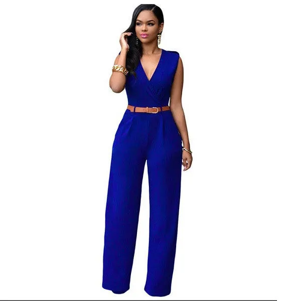 11 Colors Fashion Women Jumpsuit Summer Overalls Belted Wide Leg Jumpsuit Plus Size macacao long pant Elegant Jumpsuits