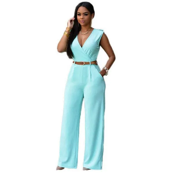 11 Colors Fashion Women Jumpsuit Summer Overalls Belted Wide Leg Jumpsuit Plus Size macacao long pant Elegant Jumpsuits