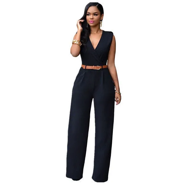 11 Colors Fashion Women Jumpsuit Summer Overalls Belted Wide Leg Jumpsuit Plus Size macacao long pant Elegant Jumpsuits