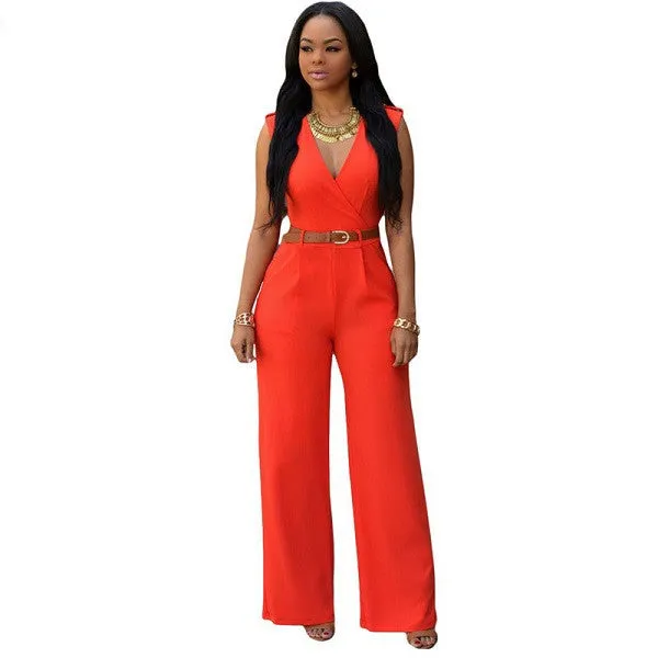 11 Colors Fashion Women Jumpsuit Summer Overalls Belted Wide Leg Jumpsuit Plus Size macacao long pant Elegant Jumpsuits