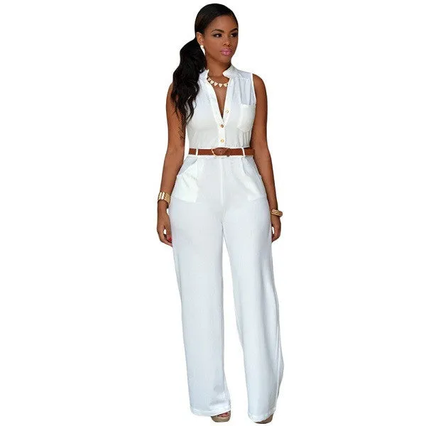 11 Colors Fashion Women Jumpsuit Summer Overalls Belted Wide Leg Jumpsuit Plus Size macacao long pant Elegant Jumpsuits