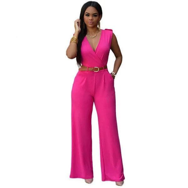 11 Colors Fashion Women Jumpsuit Summer Overalls Belted Wide Leg Jumpsuit Plus Size macacao long pant Elegant Jumpsuits