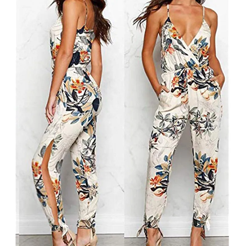 2019 Summer Women Casual Sleeveless V-Neck Jumpsuits Fashion Ladies Boho Floral Bodysuit Wide Leg Loose Long Pants Trousers