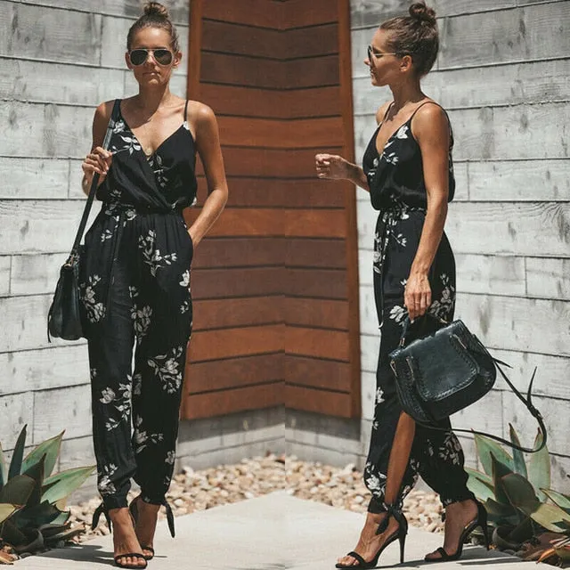 2019 Summer Women Casual Sleeveless V-Neck Jumpsuits Fashion Ladies Boho Floral Bodysuit Wide Leg Loose Long Pants Trousers