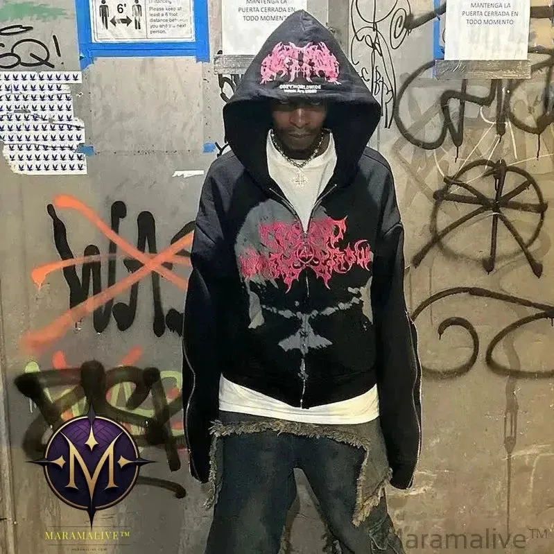 2024 New Chic Hooded Gothic Zipper Sweatshirt Sweatshirt Men's Women's Sweatshirt Zipper Design Long Sleeves Loose