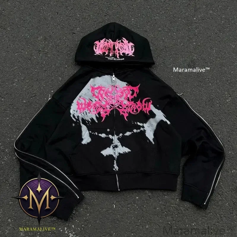 2024 New Chic Hooded Gothic Zipper Sweatshirt Sweatshirt Men's Women's Sweatshirt Zipper Design Long Sleeves Loose