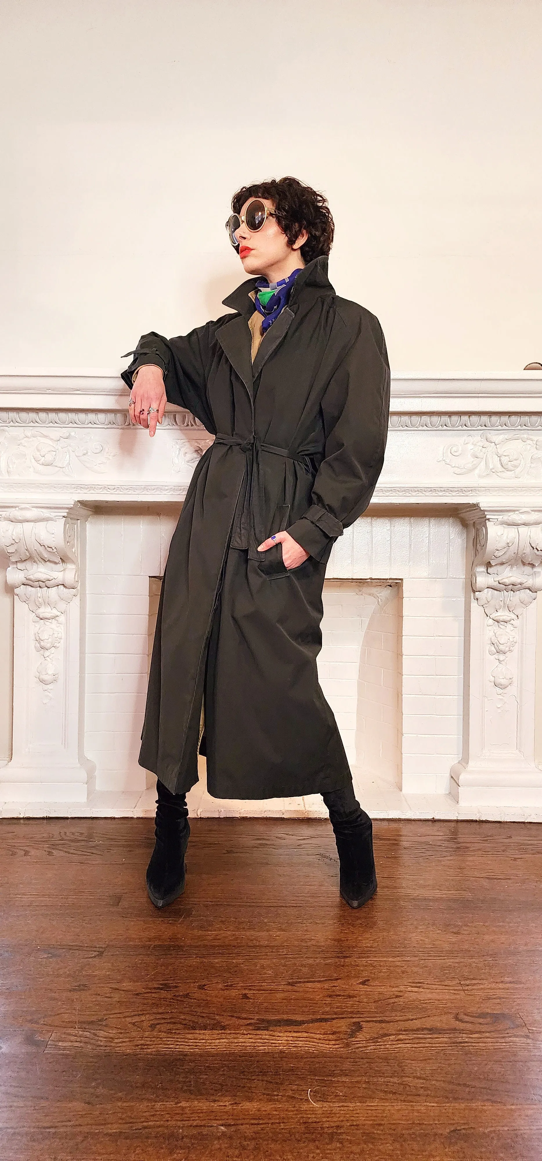 80s Black Trench Coat Anne Klein Rainwear with Belt / L