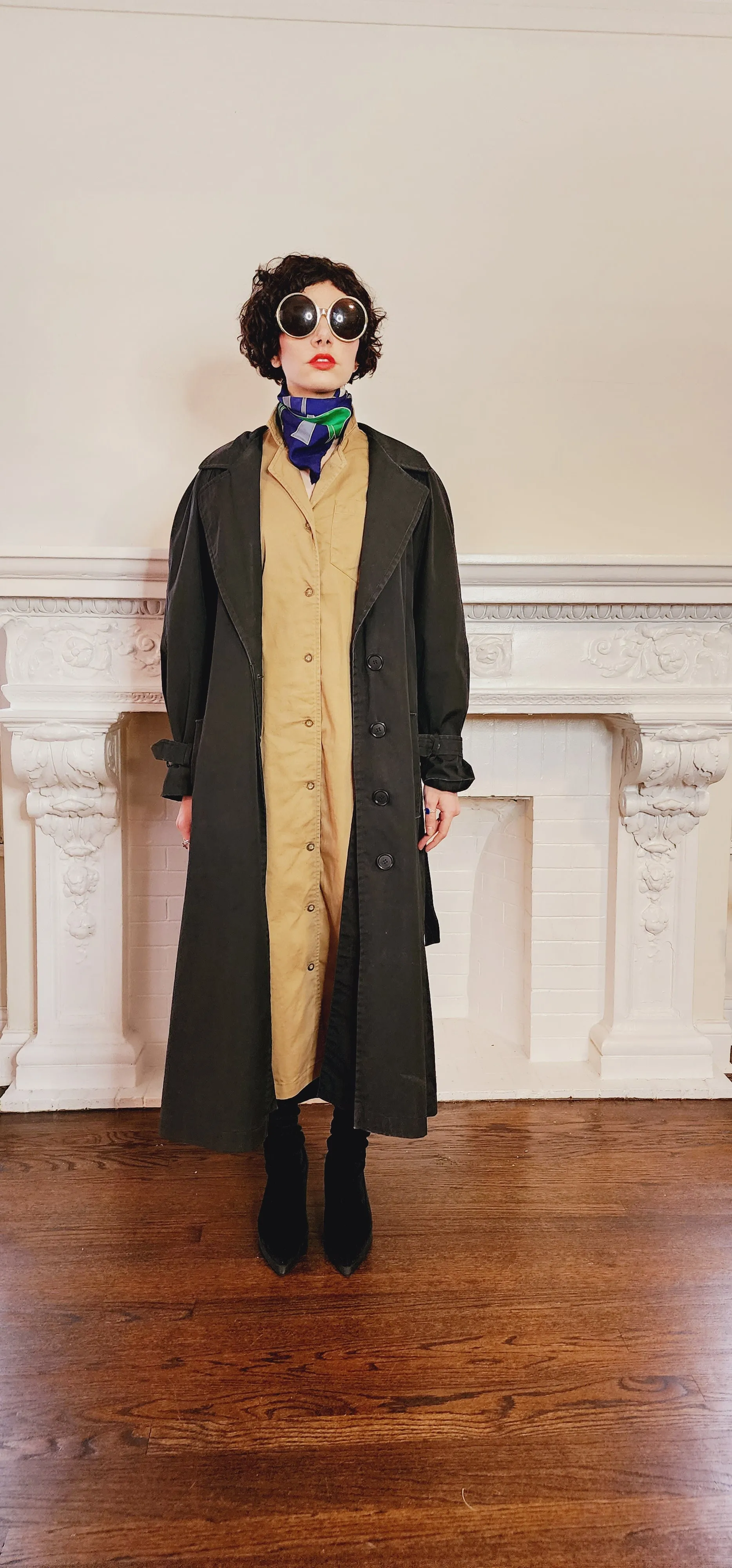 80s Black Trench Coat Anne Klein Rainwear with Belt / L