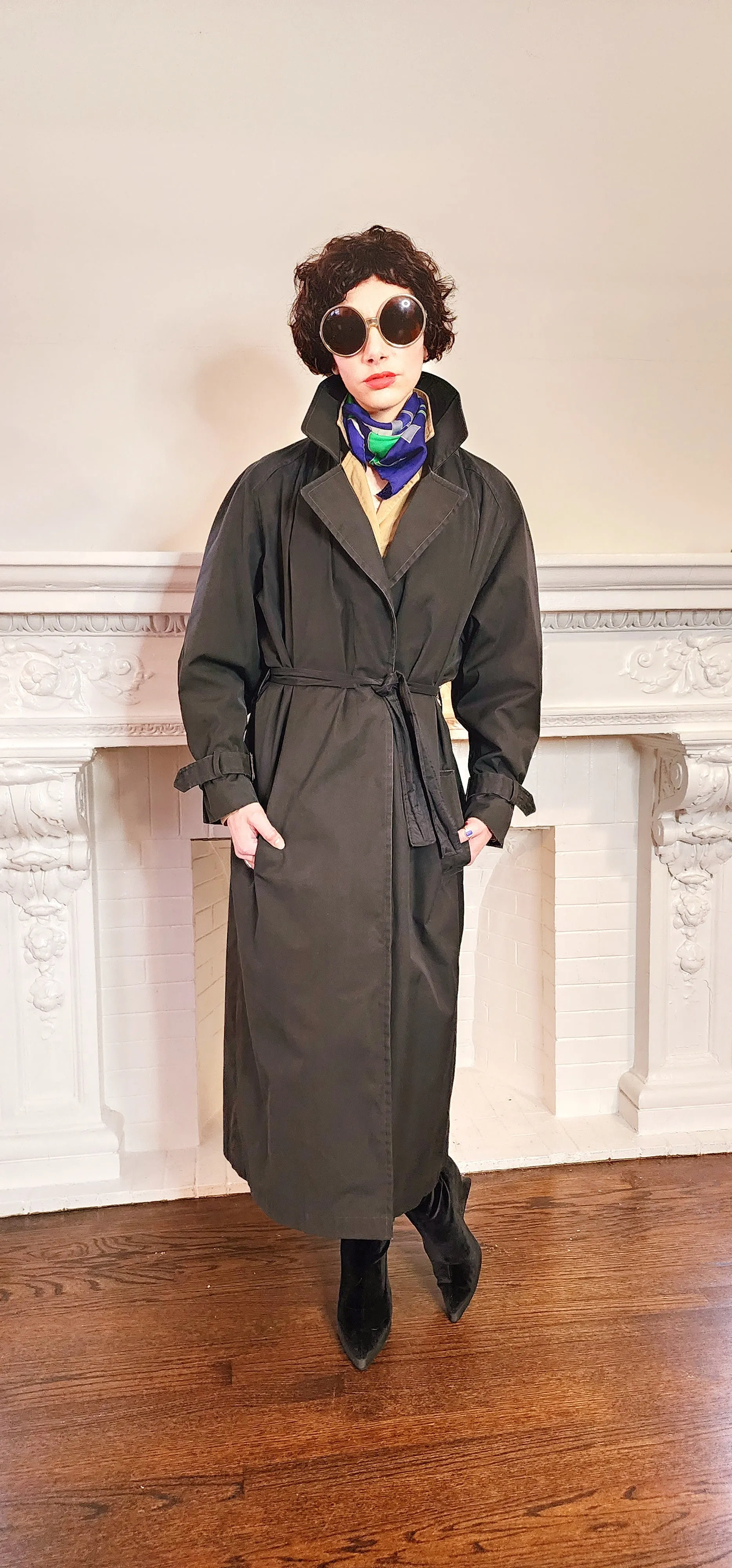 80s Black Trench Coat Anne Klein Rainwear with Belt / L