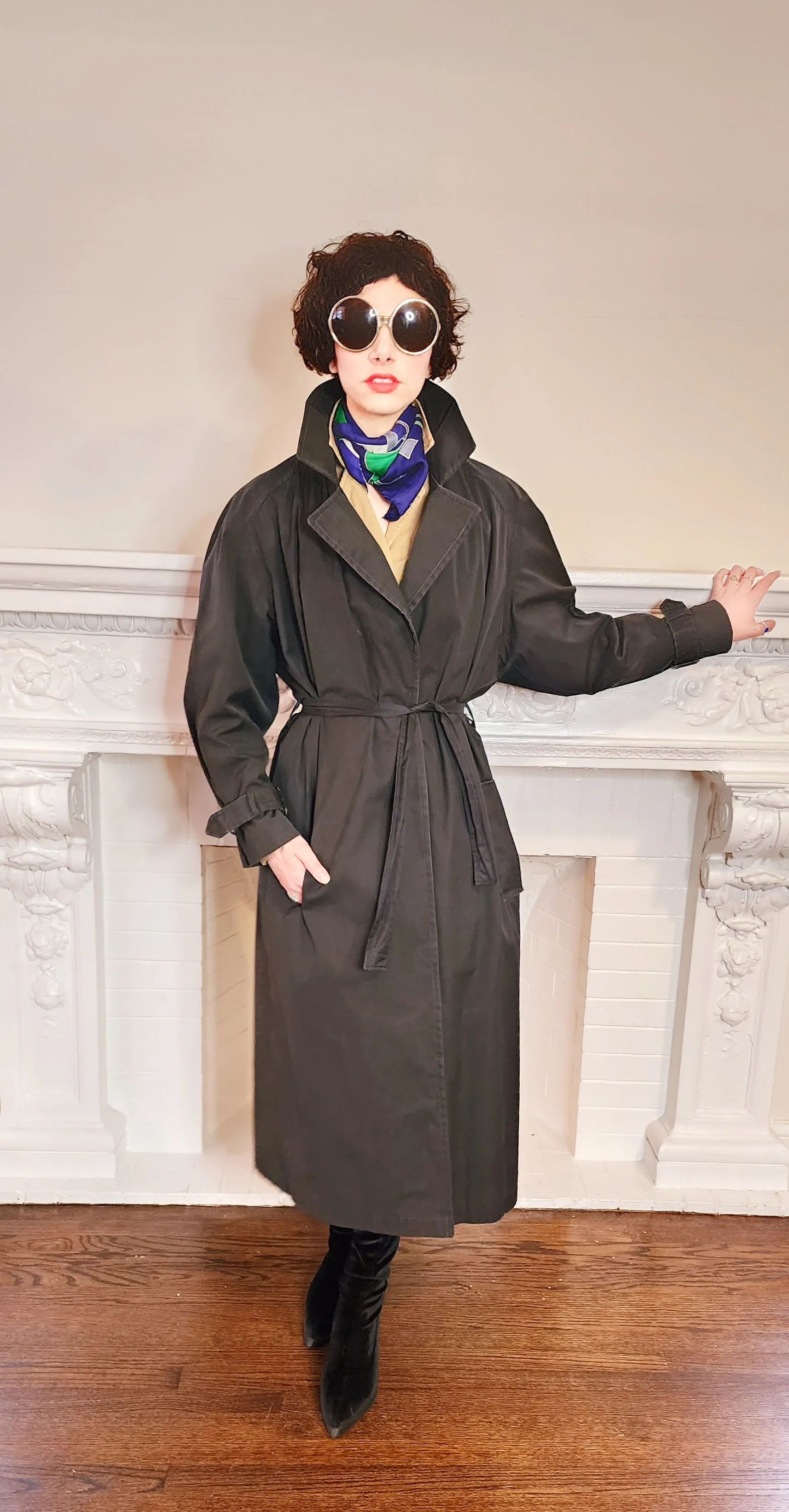 80s Black Trench Coat Anne Klein Rainwear with Belt / L