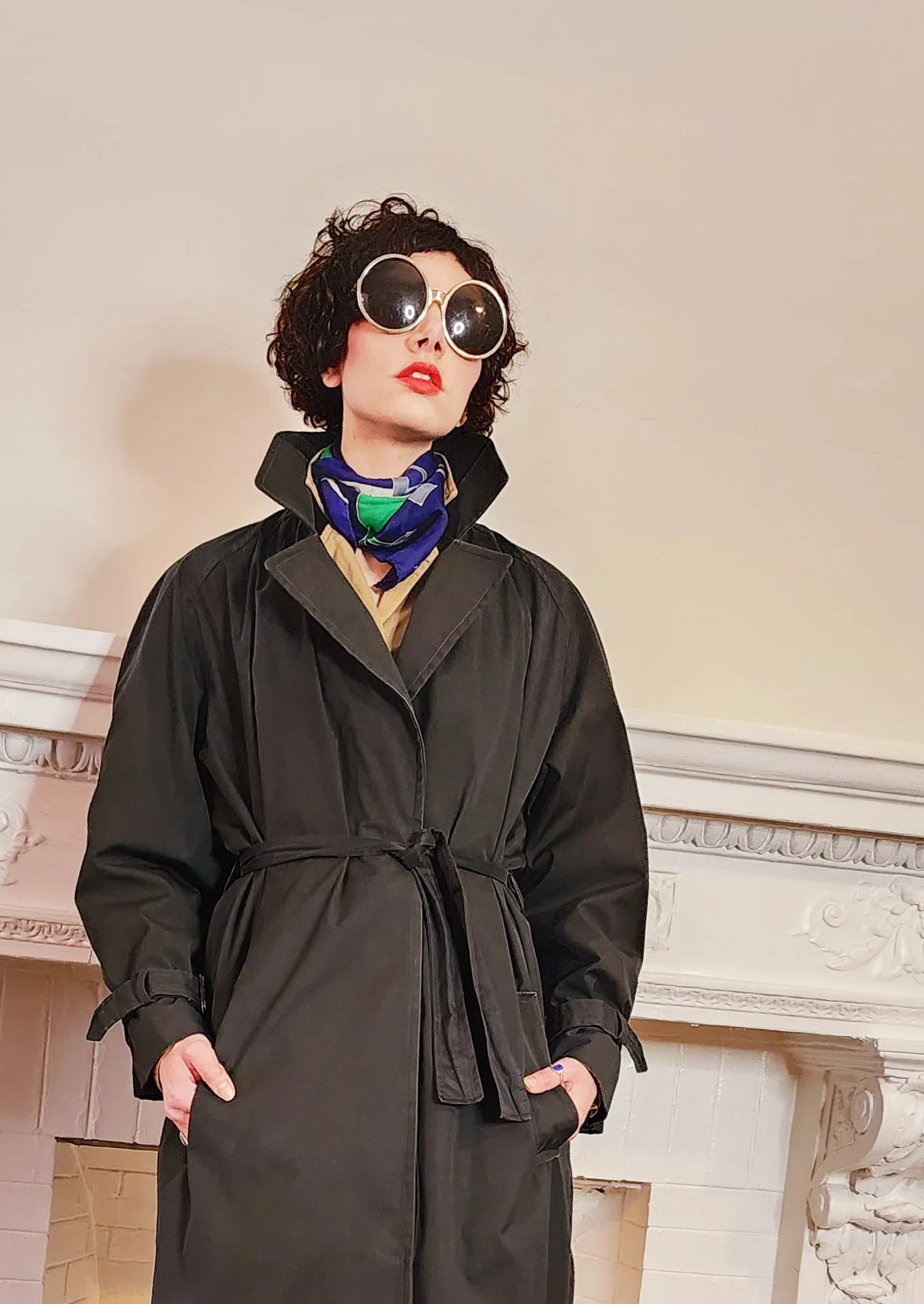80s Black Trench Coat Anne Klein Rainwear with Belt / L