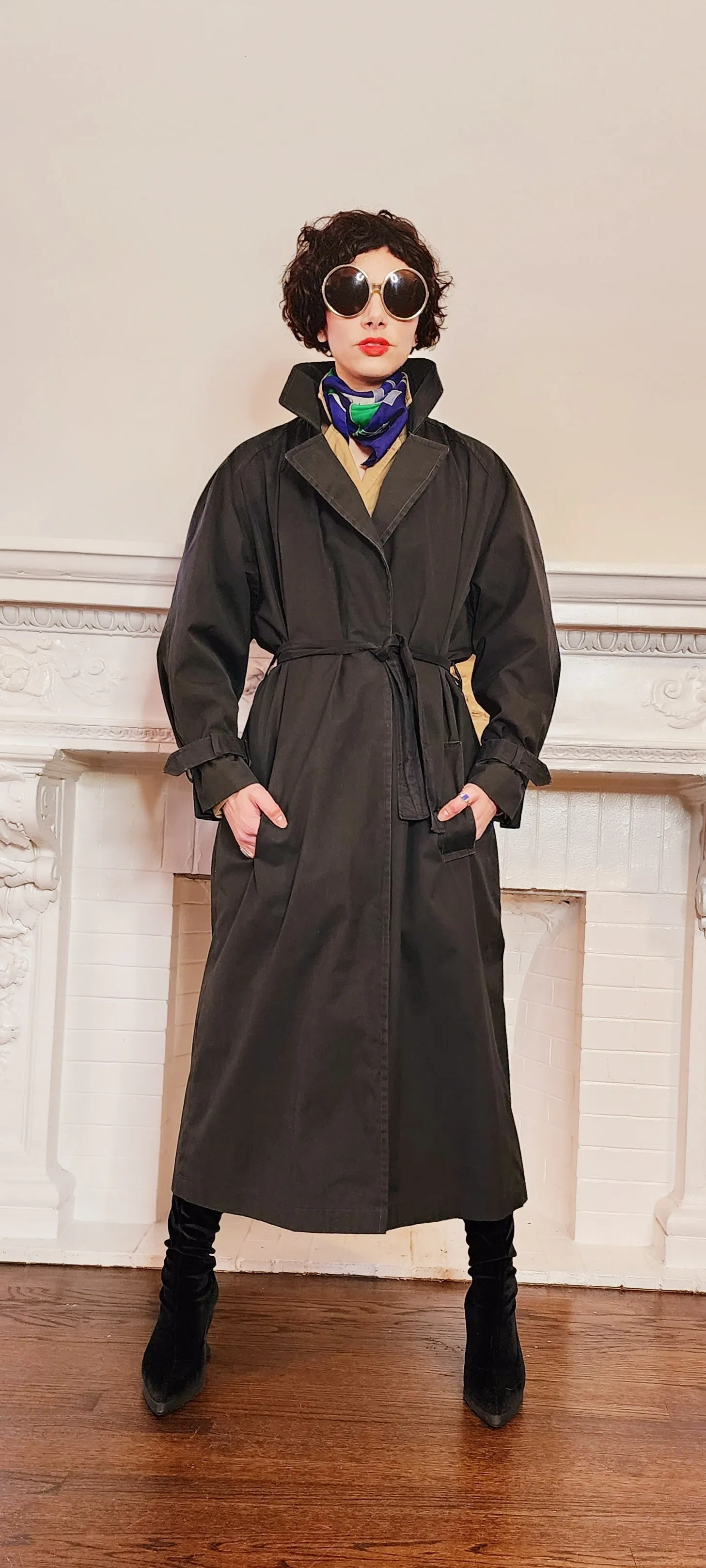80s Black Trench Coat Anne Klein Rainwear with Belt / L