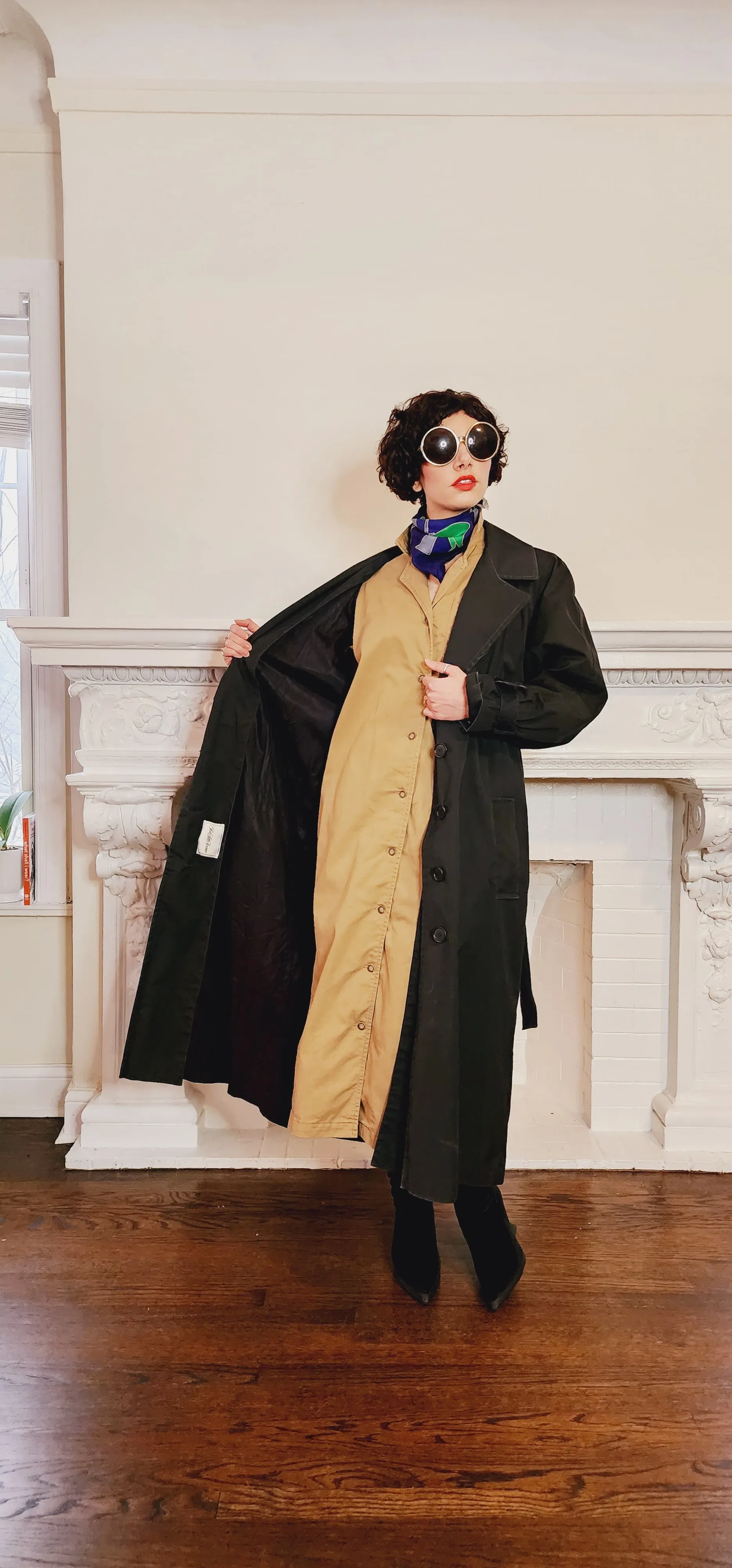 80s Black Trench Coat Anne Klein Rainwear with Belt / L