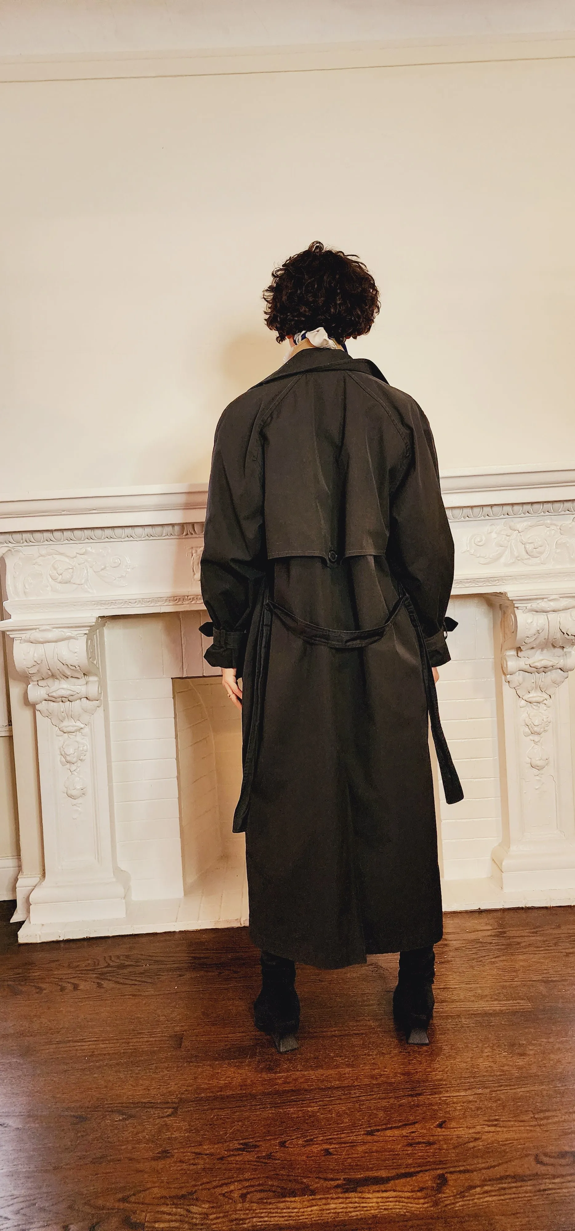 80s Black Trench Coat Anne Klein Rainwear with Belt / L