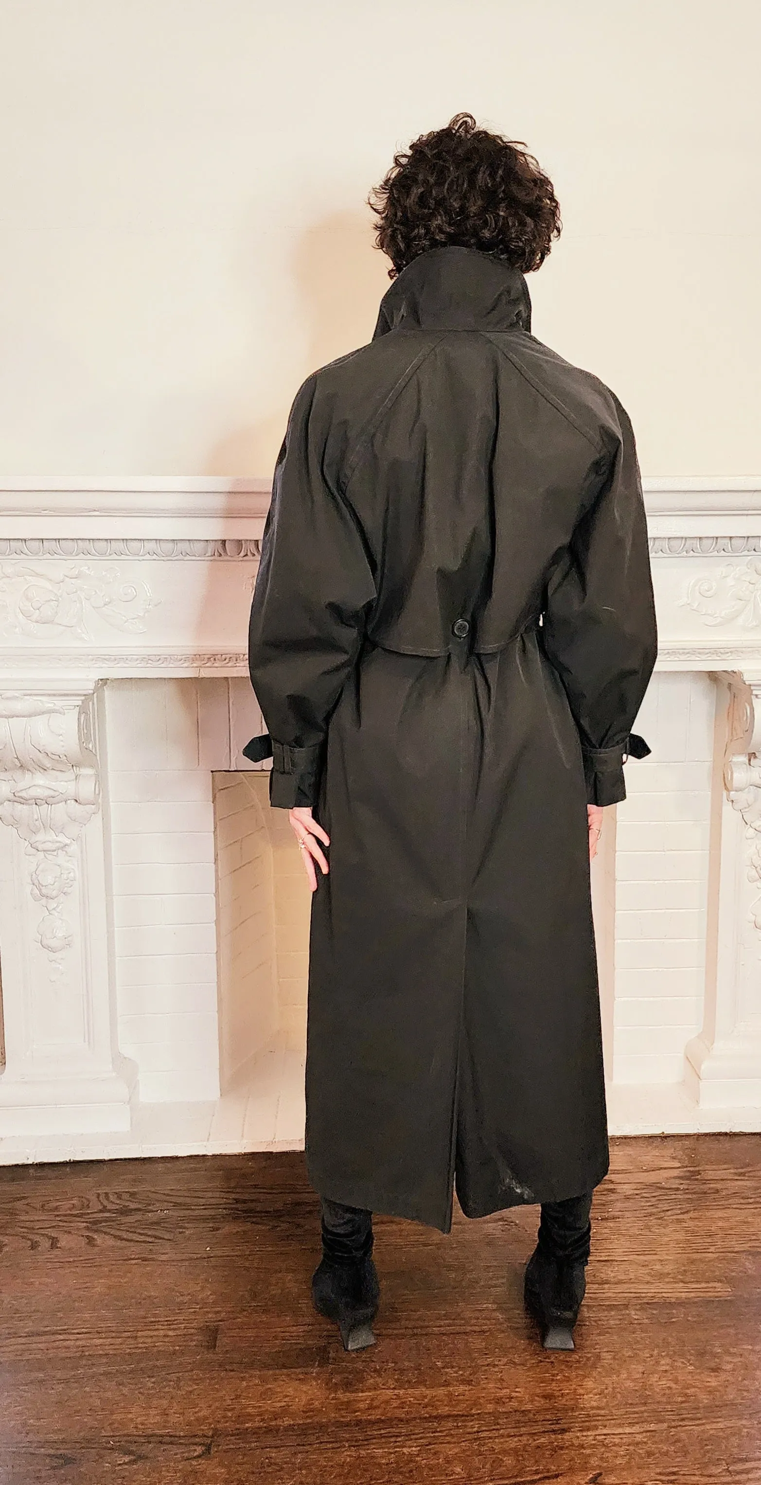 80s Black Trench Coat Anne Klein Rainwear with Belt / L