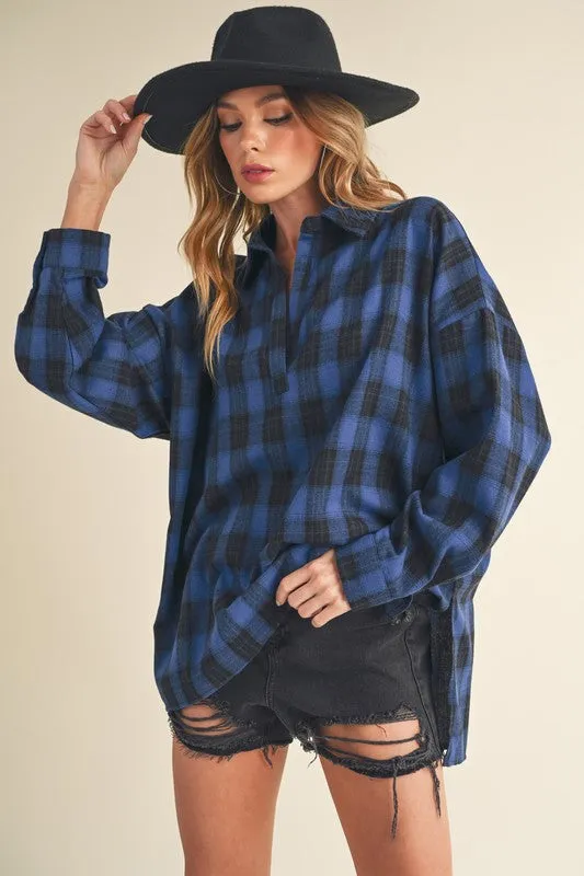 Aemi   Co Side Slit High-Low Plaid Long Sleeve Polo Shirt