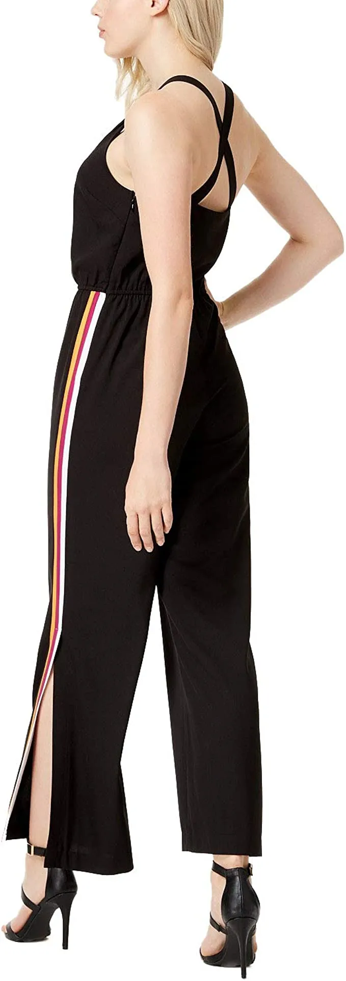 bar III Womens Varsity-Stripe Jumpsuit, Black, Medium