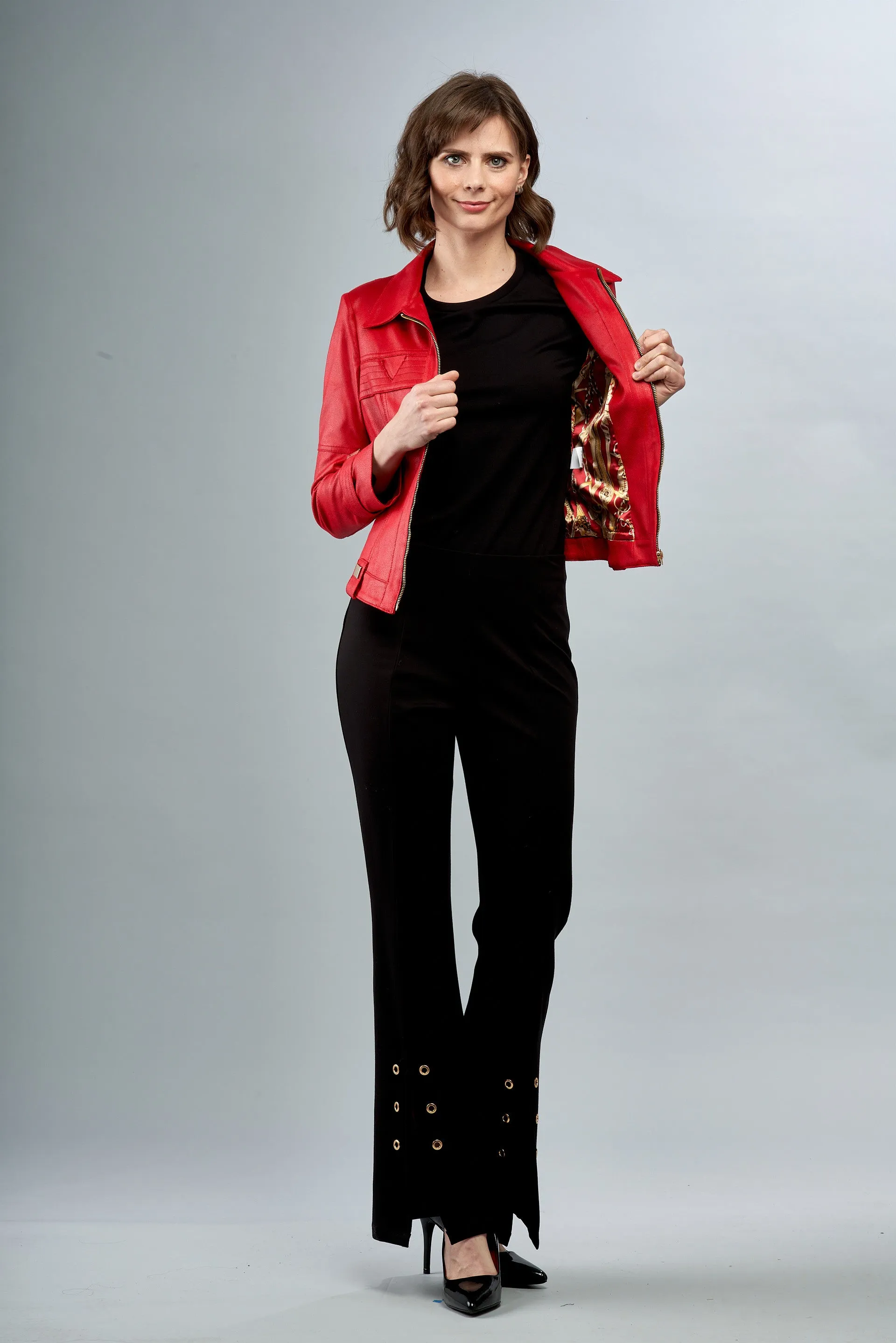 BCJ0687 Zip Up Faux Vegan Leather Jacket with Top Stitching in Apple