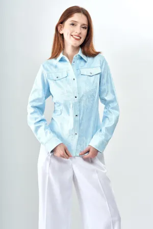 BCJ0987PRA Metallic Faux Vegan Shacket with Snap Closure in Liquid Blue Stone