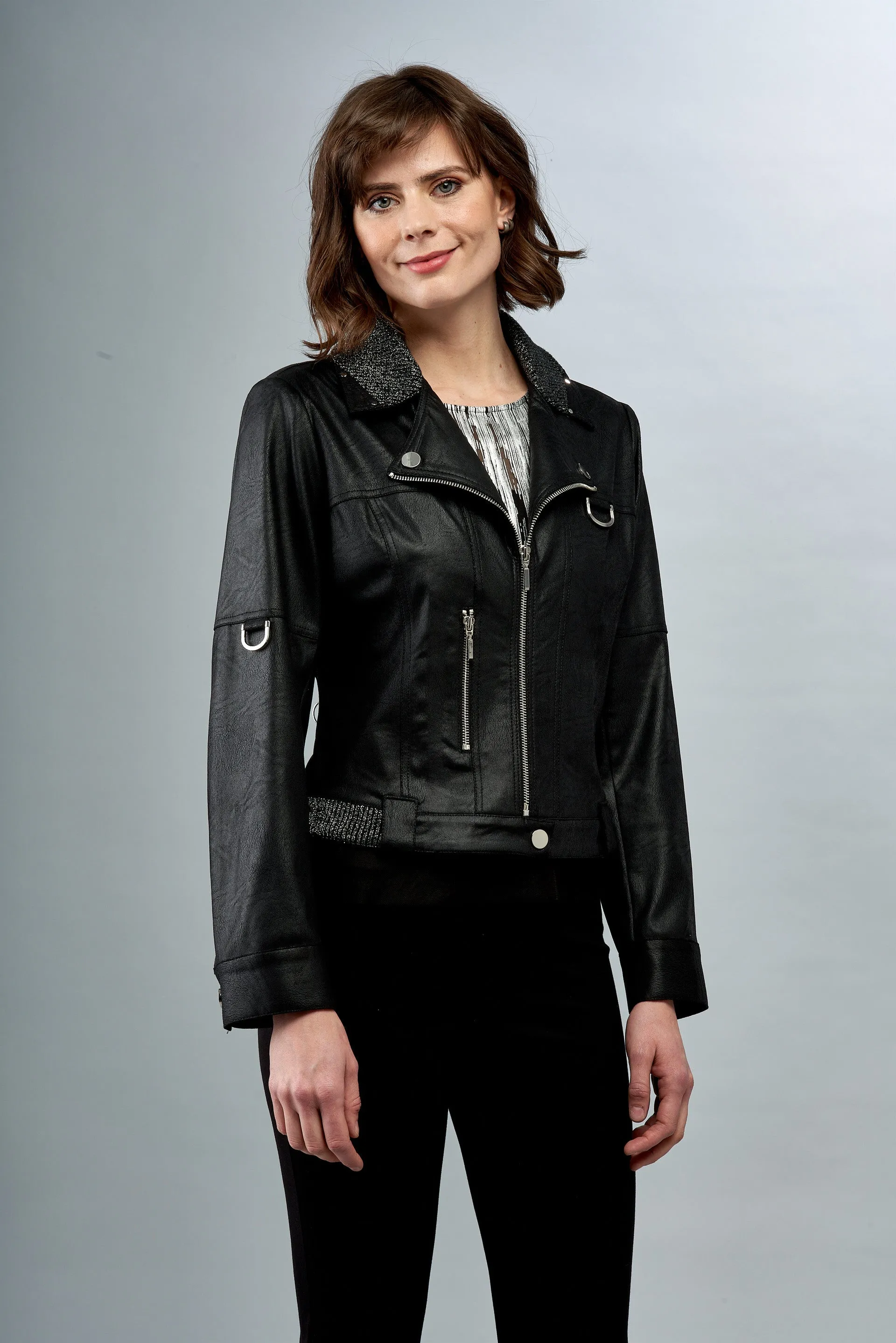 BCJ101C06 Faux Vegan Leather/Knit Combo Moto Jacket
