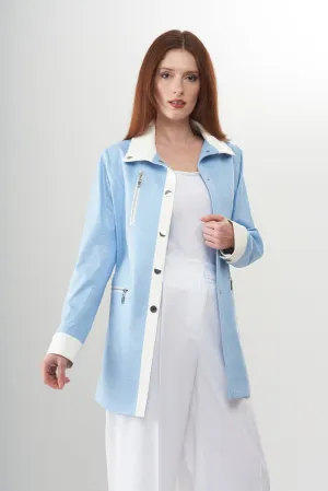 BCJ1826FPC Faux Vegan Leather Long Jacket in Powder Blue/Coconut
