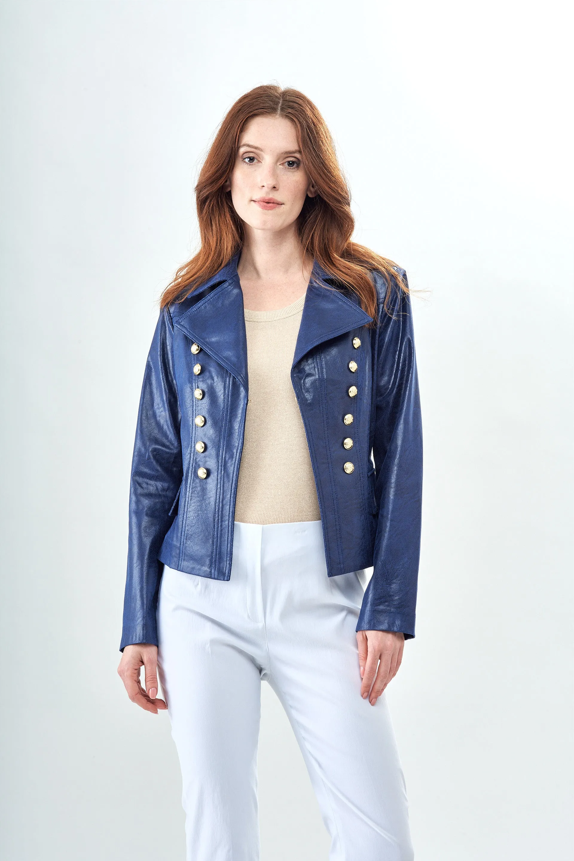 BCJ5726CB Solid Faux Vegan Leather Jacket with Button Trim