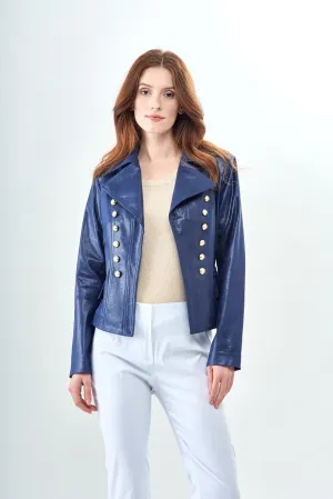 BCJ5726CB Solid Faux Vegan Leather Jacket with Button Trim