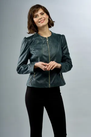 BCJ7287 Faux Leather Zip Up Jacket with Gathered Sleeves