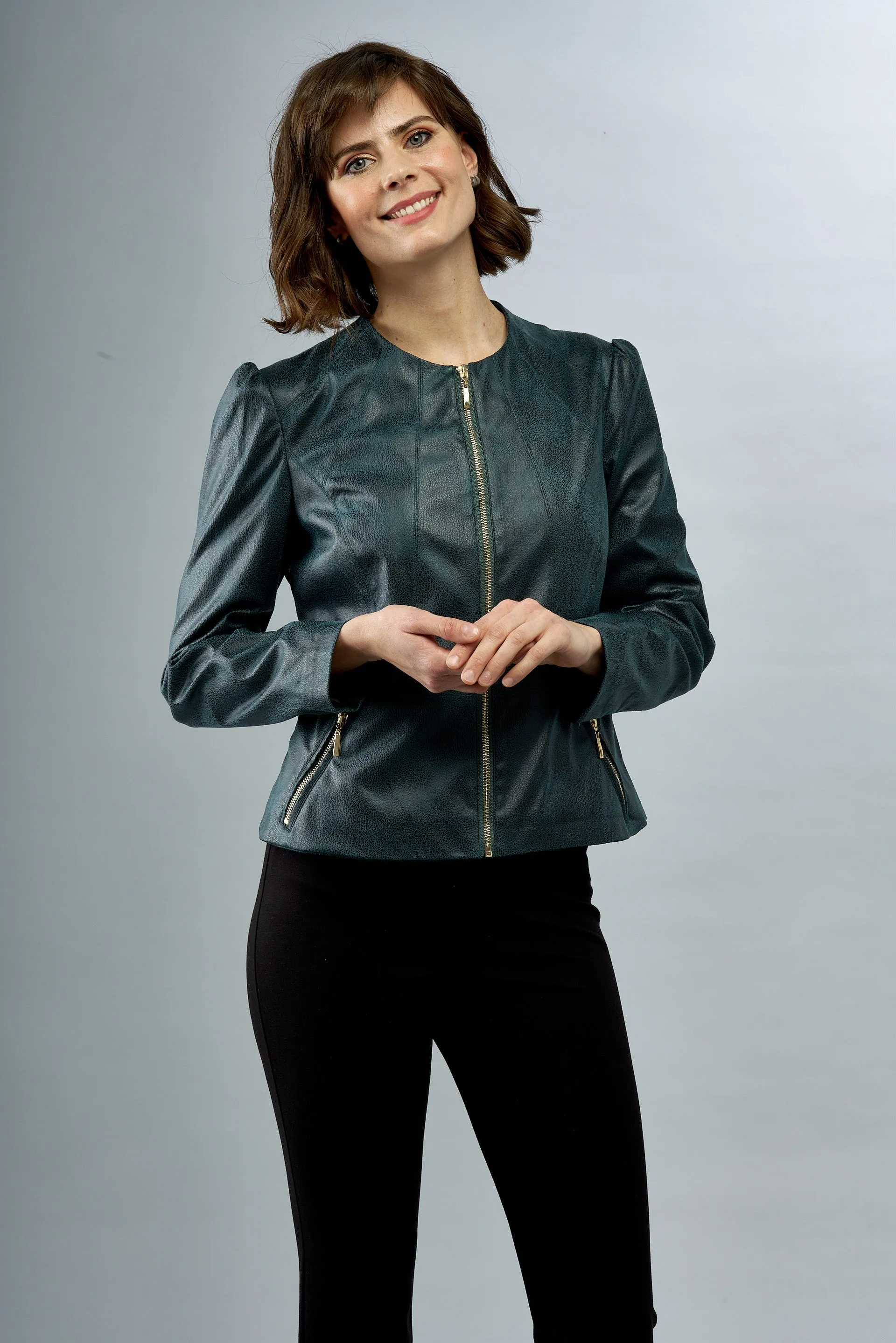BCJ7287 Faux Leather Zip Up Jacket with Gathered Sleeves