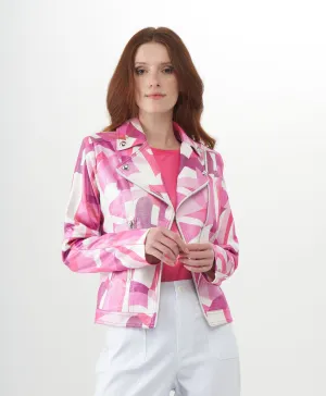BCJ8731MPRB Metallic Faux Vegan Leather Moto Jacket in Liquid Cherry Blossom Pucci