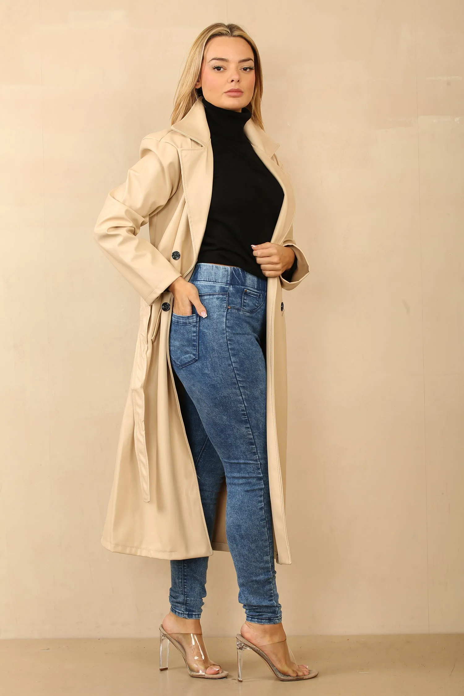 Beige Faux Leather Trench Coat