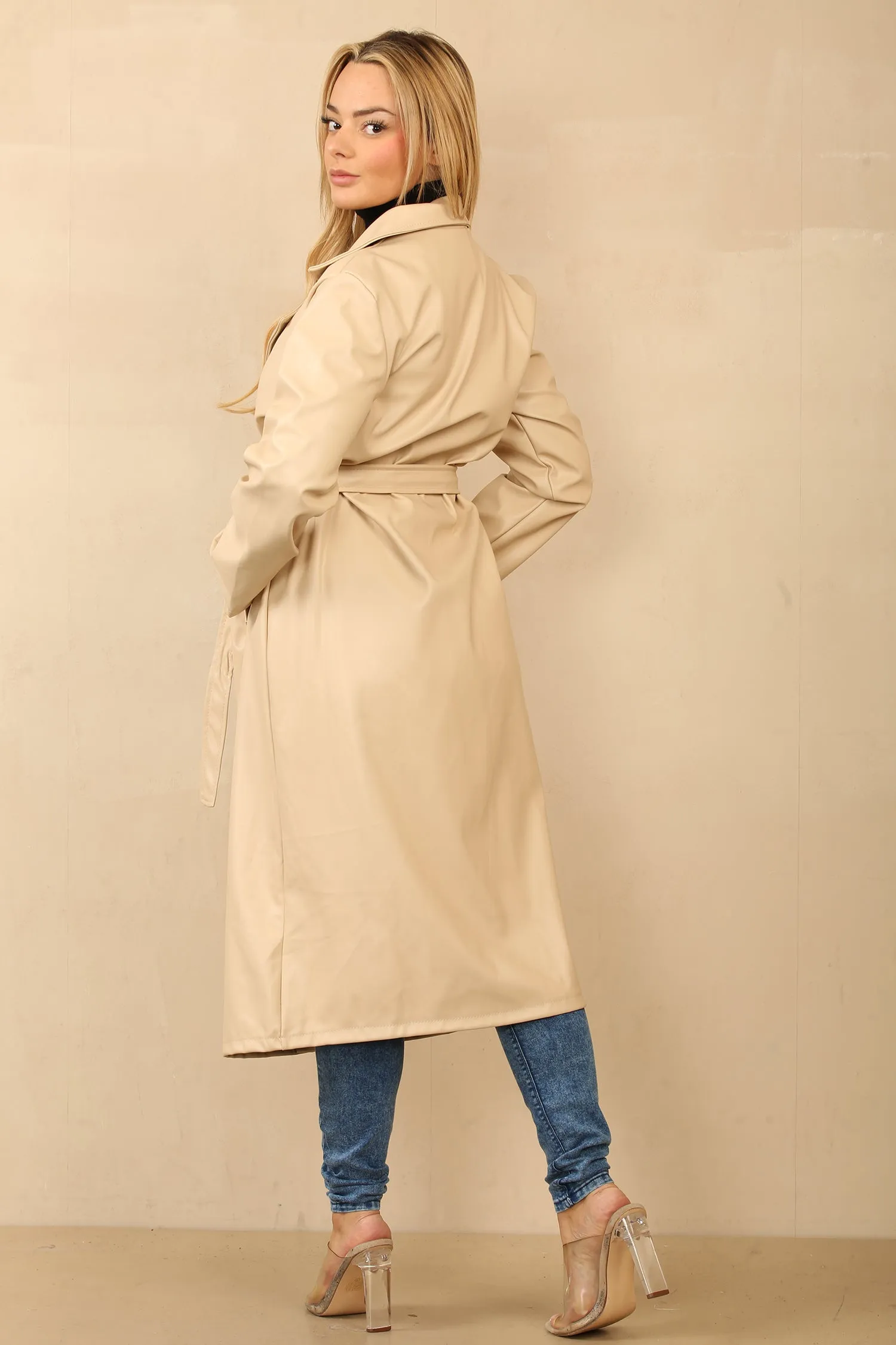 Beige Faux Leather Trench Coat