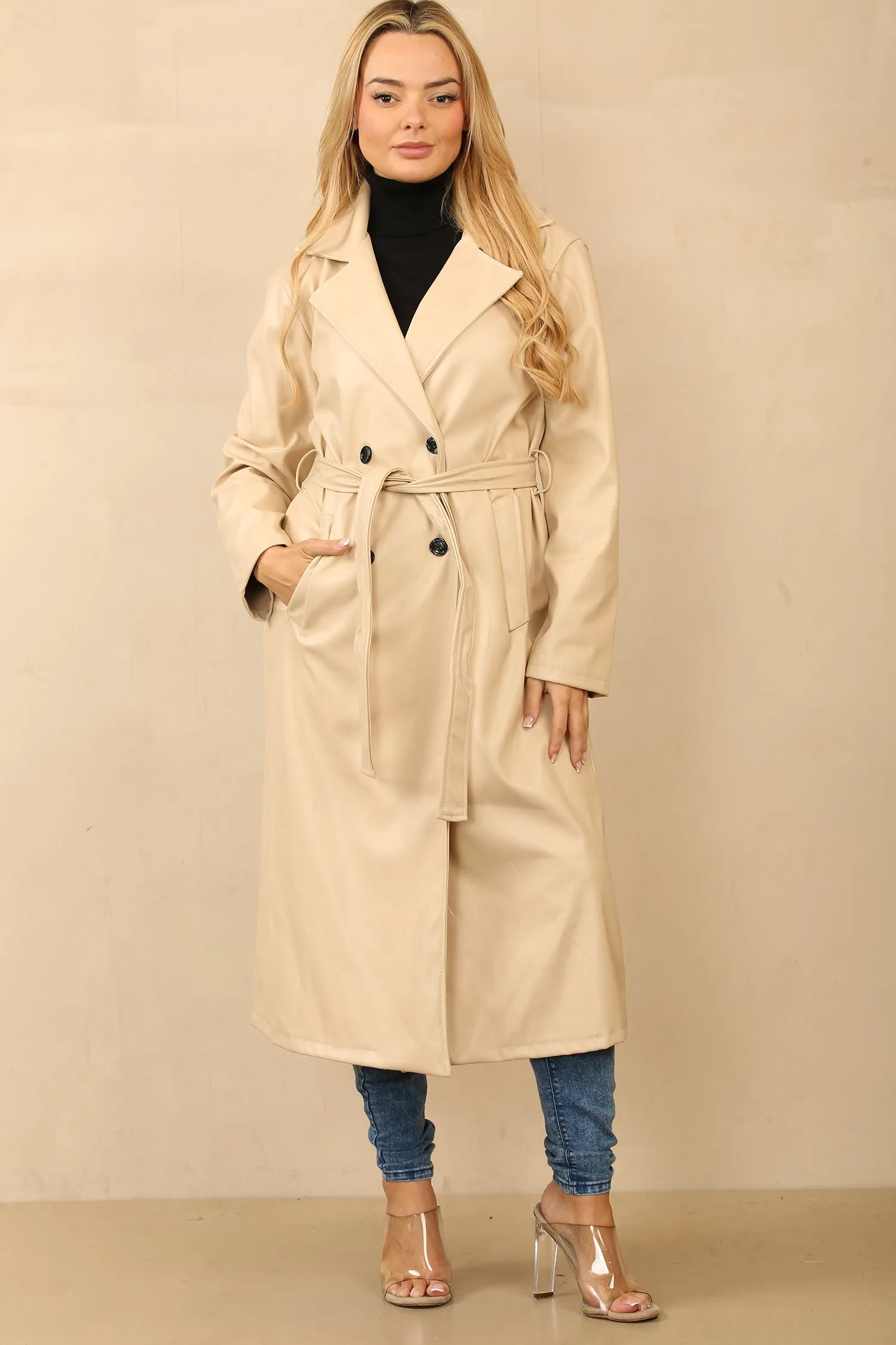 Beige Faux Leather Trench Coat
