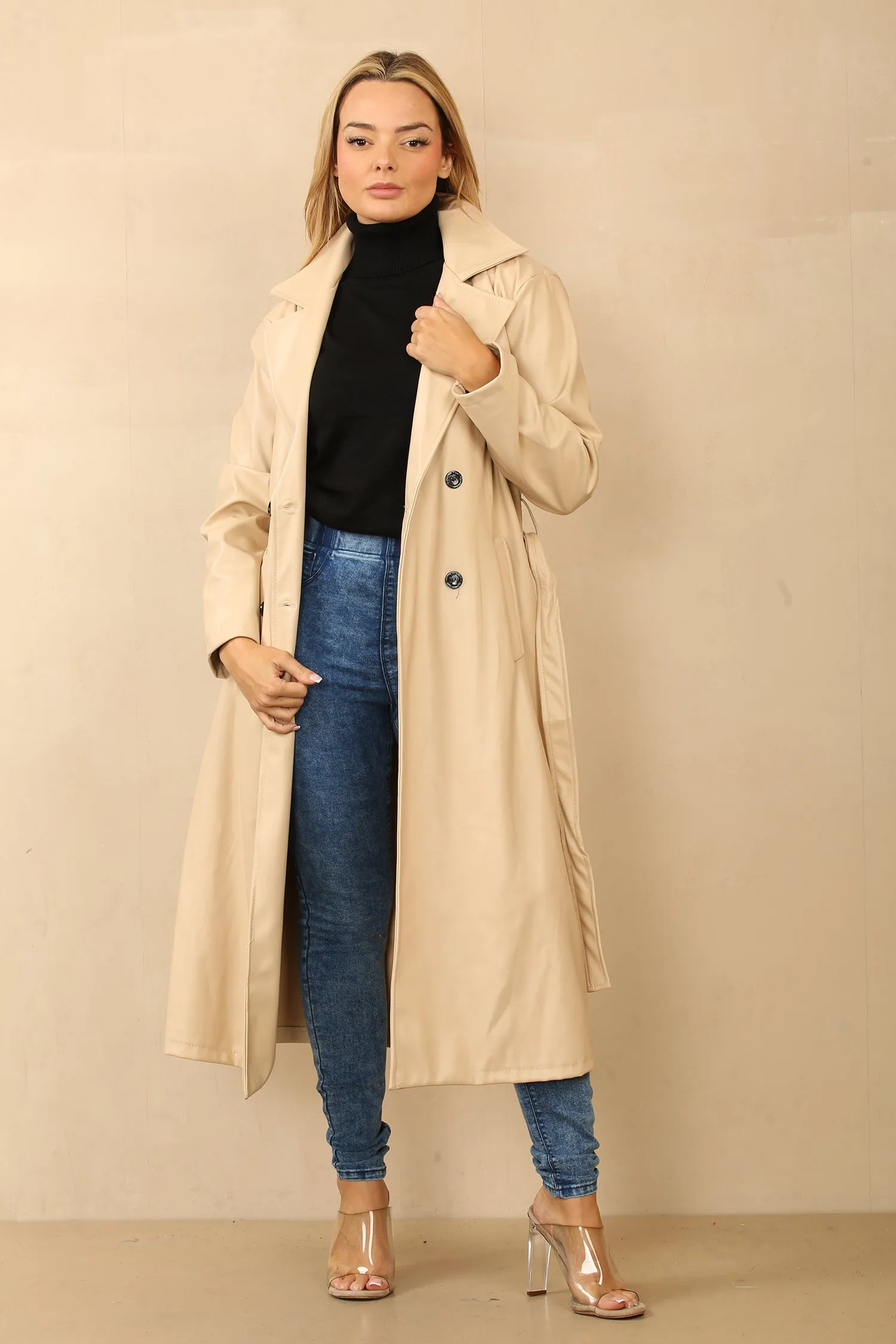 Beige Faux Leather Trench Coat