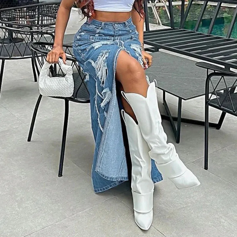 BIIKPIIK Streetwear Hole Patchwork Fork Denim Skirts