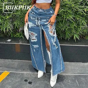 BIIKPIIK Streetwear Hole Patchwork Fork Denim Skirts