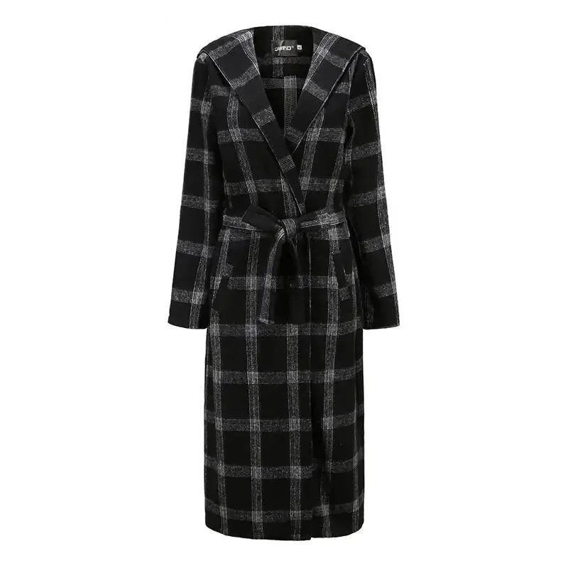 Black and White Plaid Hooded Trench Coat