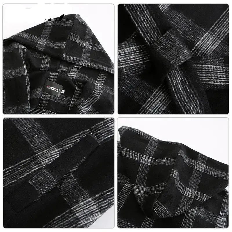 Black and White Plaid Hooded Trench Coat