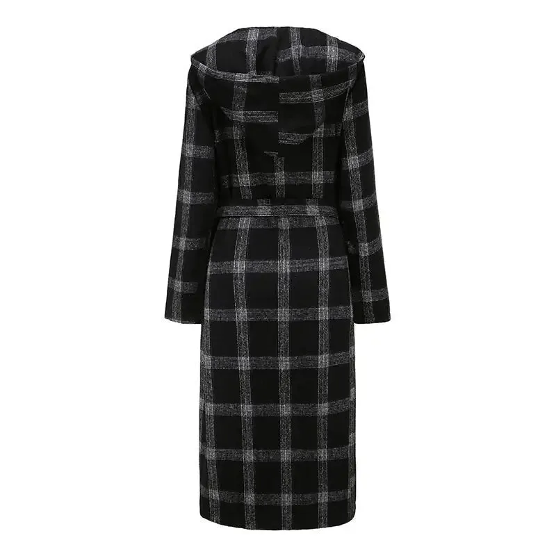 Black and White Plaid Hooded Trench Coat