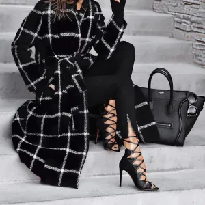 Black and White Plaid Hooded Trench Coat