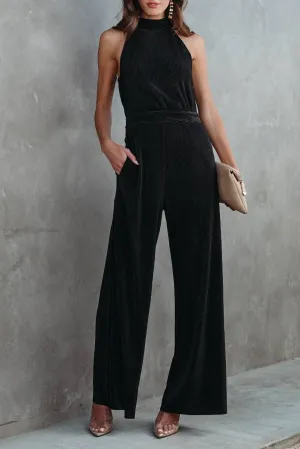 Black Button Halter Neck Keyhole Back Jumpsuit