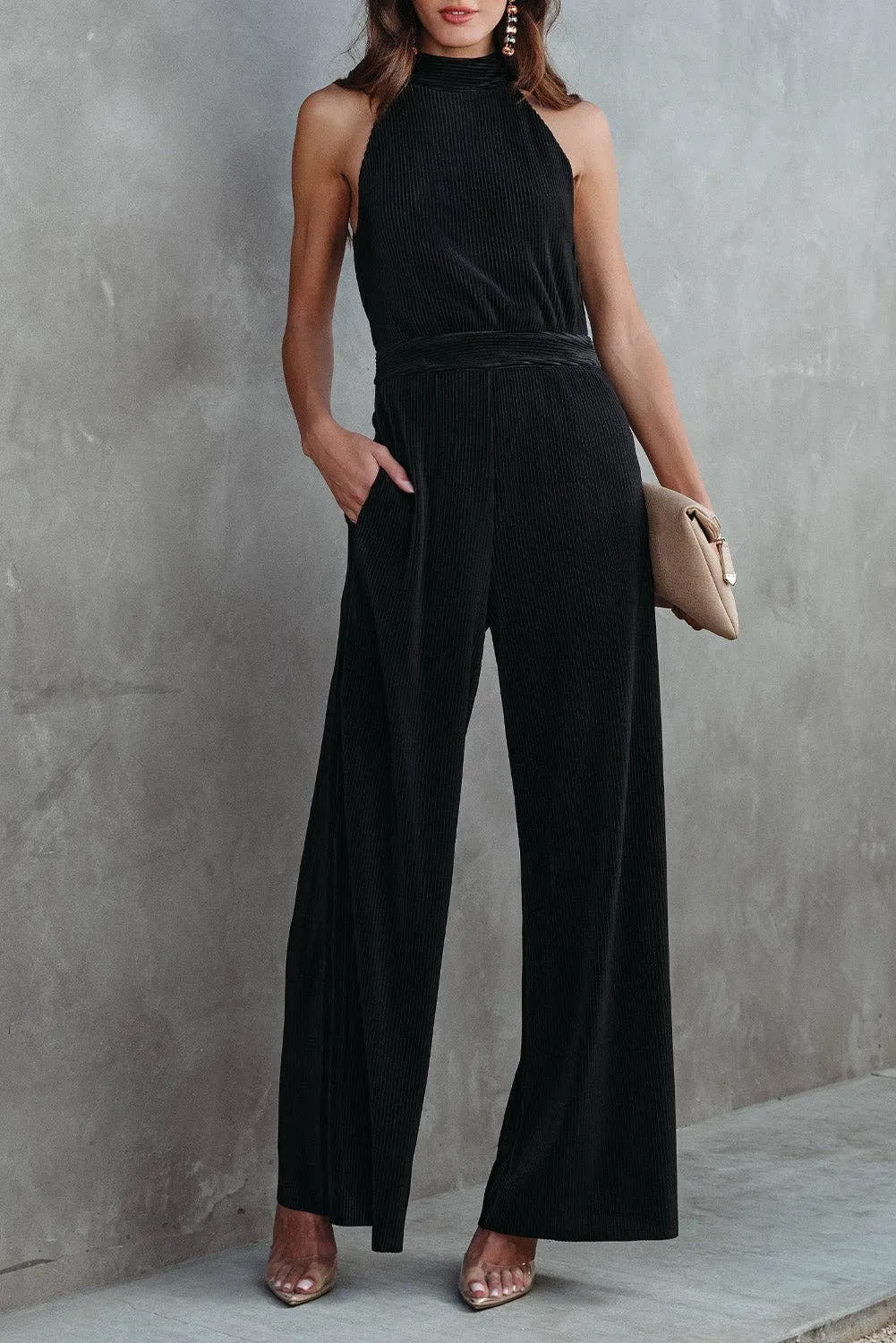 Black Button Halter Neck Keyhole Back Jumpsuit