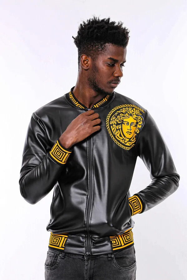 Black Leather Touch Printed Seasonal Coat - Wessi