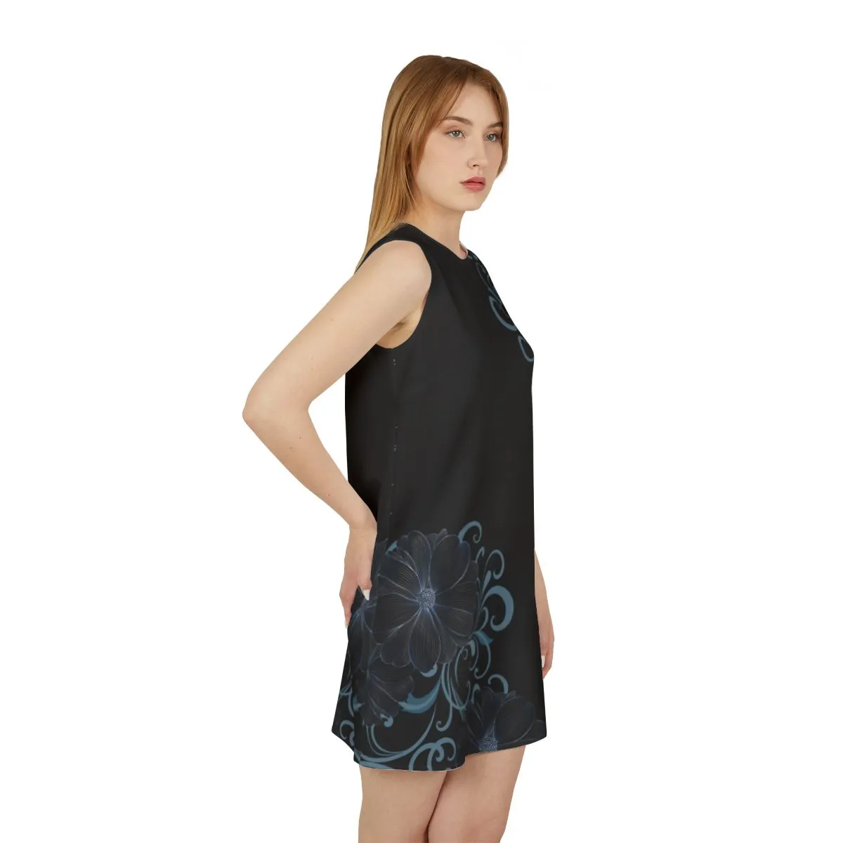 Blue Floral Black A-line Sleeveless Dress